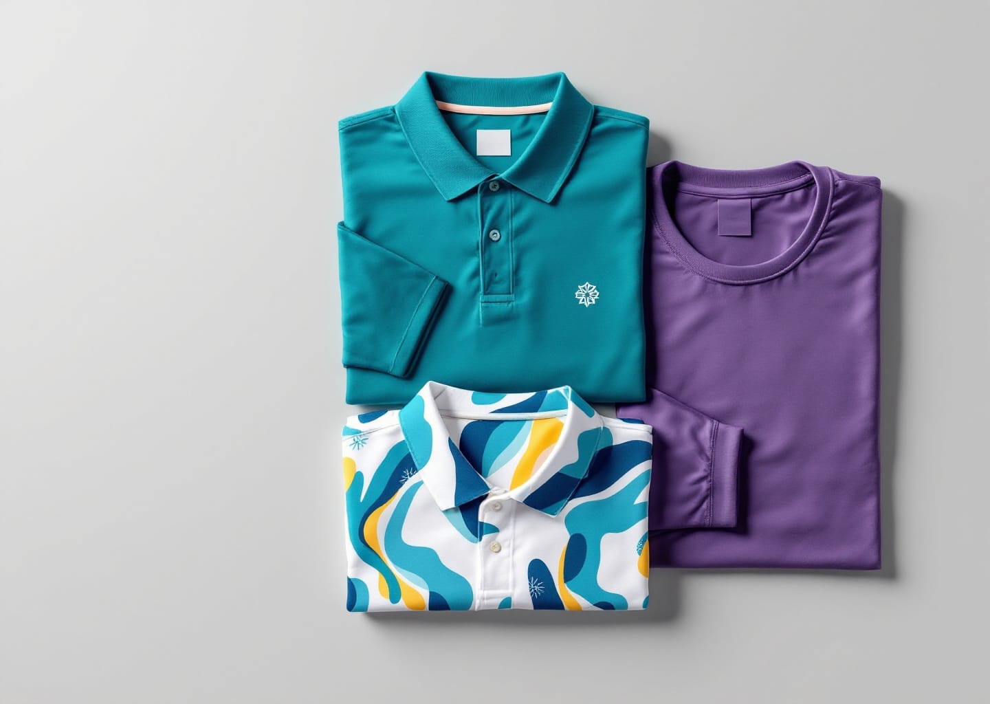 Polo turquesa con emblema bordado, polo blanco con estampado sublimado y camiseta morada lisa, doblados para compararlos