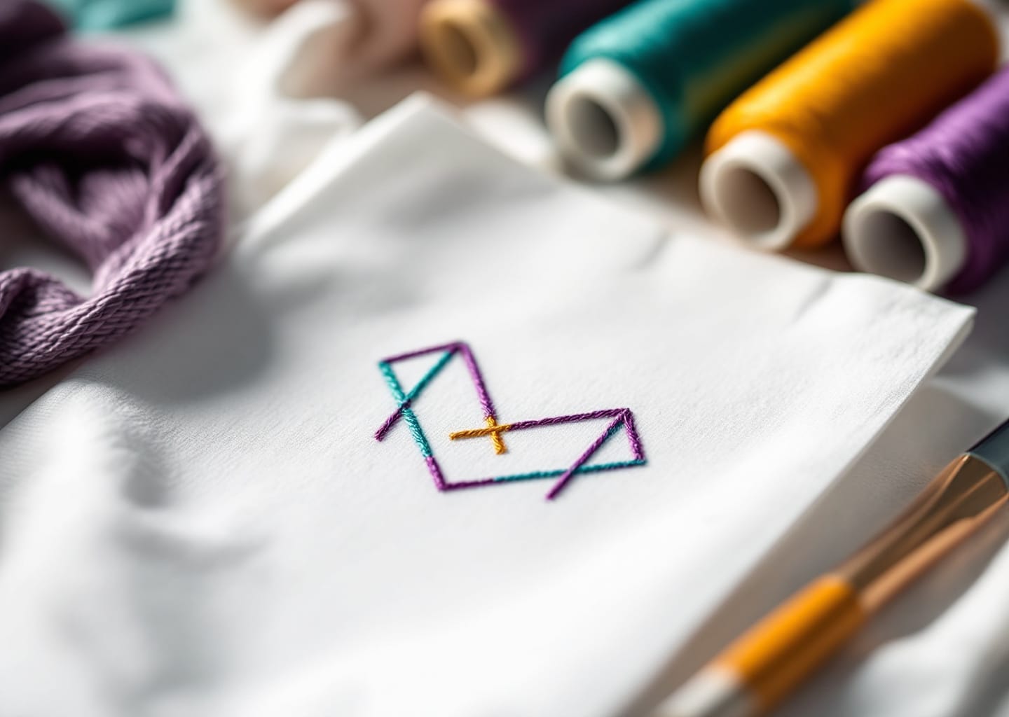 Emblema geométrico bordado en hilos morado, turquesa y amarillo sobre tela blanca, con carretes de hilo alrededor