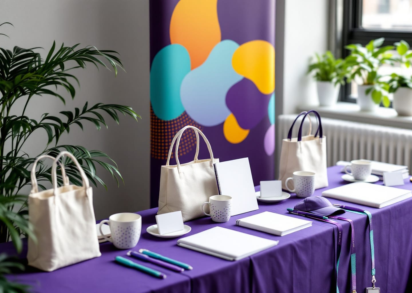 Mesa de feria con mantel morado y material promocional: bolsas de tela, tazas, cuadernos, bolígrafos, gorra y lanyards