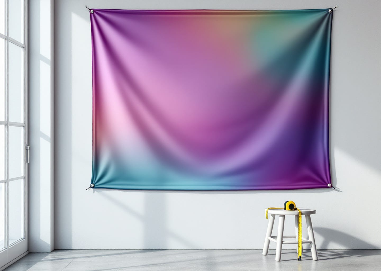 Banner con degradado morado, rosa y turquesa colgado de una pared blanca, con una cinta métrica amarilla sobre un banquillo