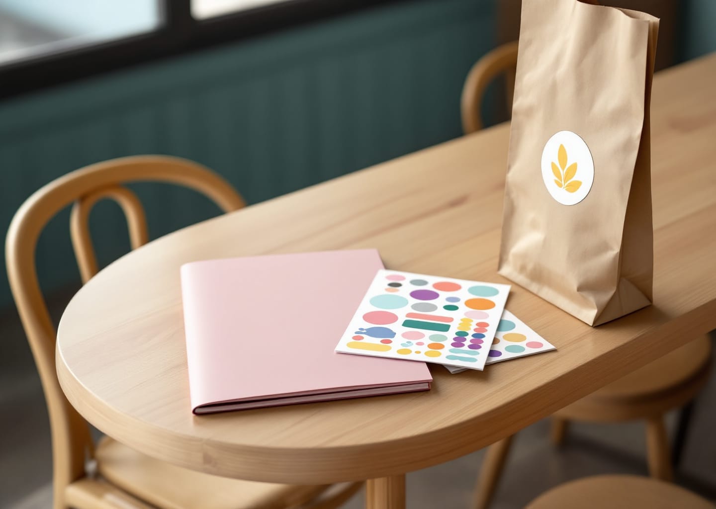 Menú de restaurante con tapa rosa, hoja de stickers de colores y una bolsa de papel kraft sellada con un sticker circular
