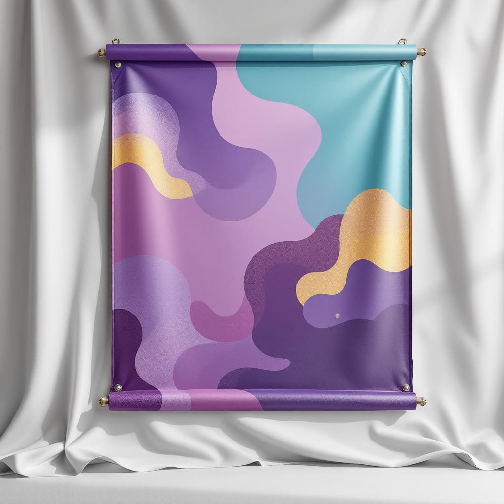 Banner de vinil impreso con ojales enrollado parcialmente
