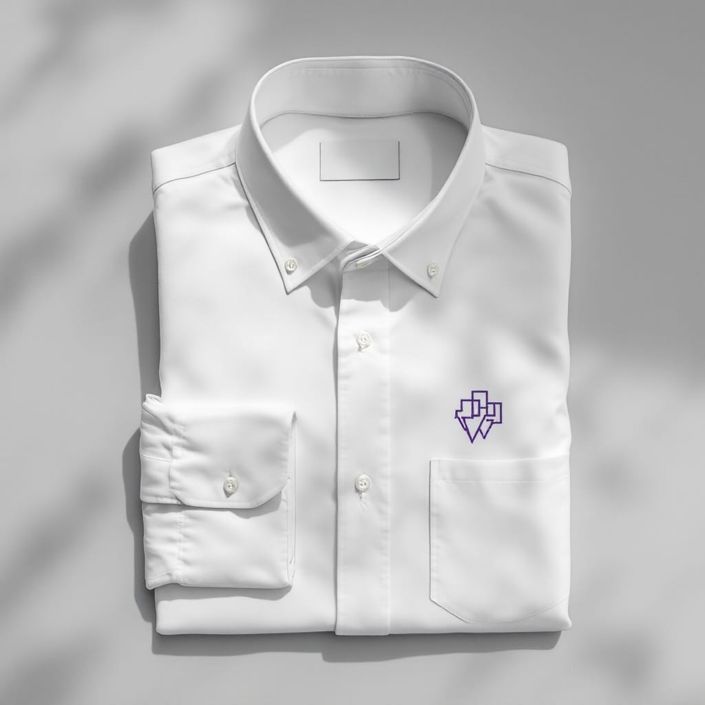 Camisa blanca doblada con emblema bordado en el bolsillo