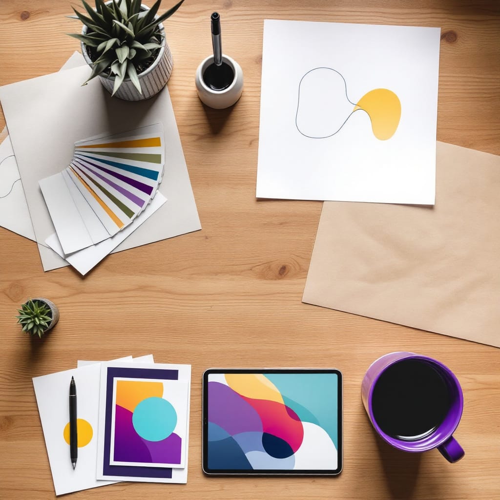 Escritorio de diseñador con bocetos de logos y tableta gráfica