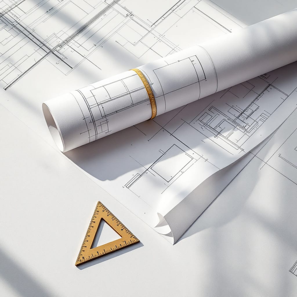 Planos arquitectónicos enrollados junto a una regla de escala