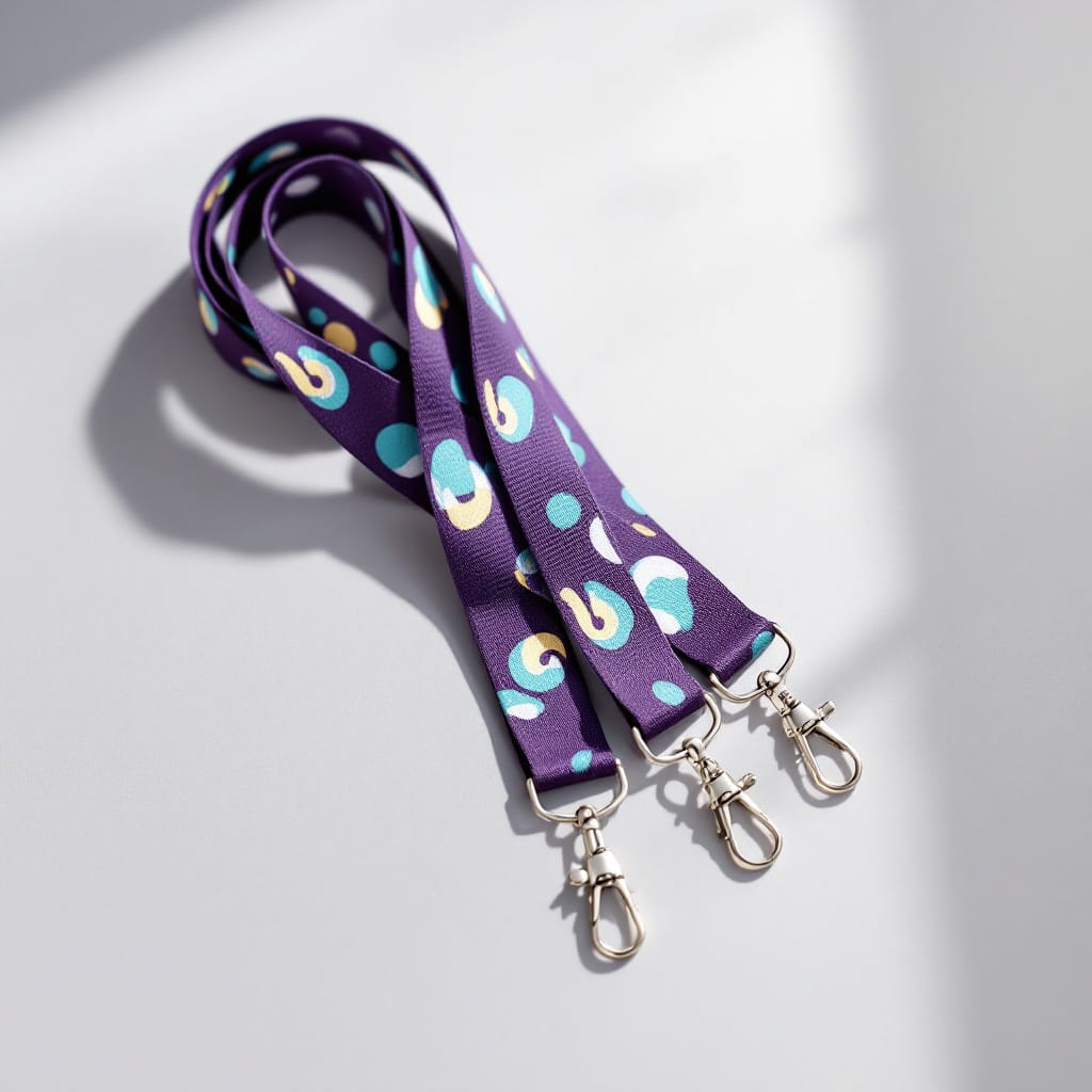 Lanyards personalizados en morado y turquesa con clip metálico