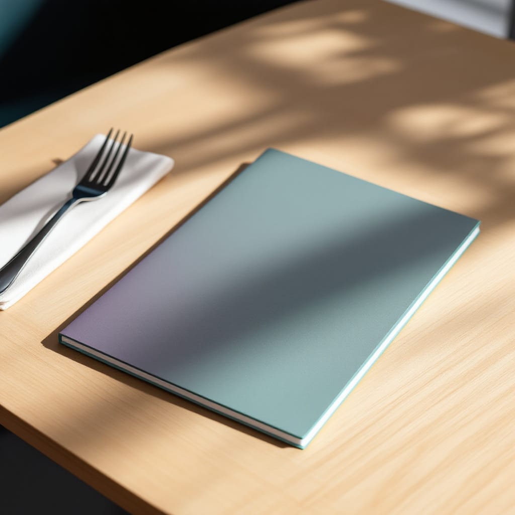Menú de restaurante impreso con tapa en blanco sobre una mesa