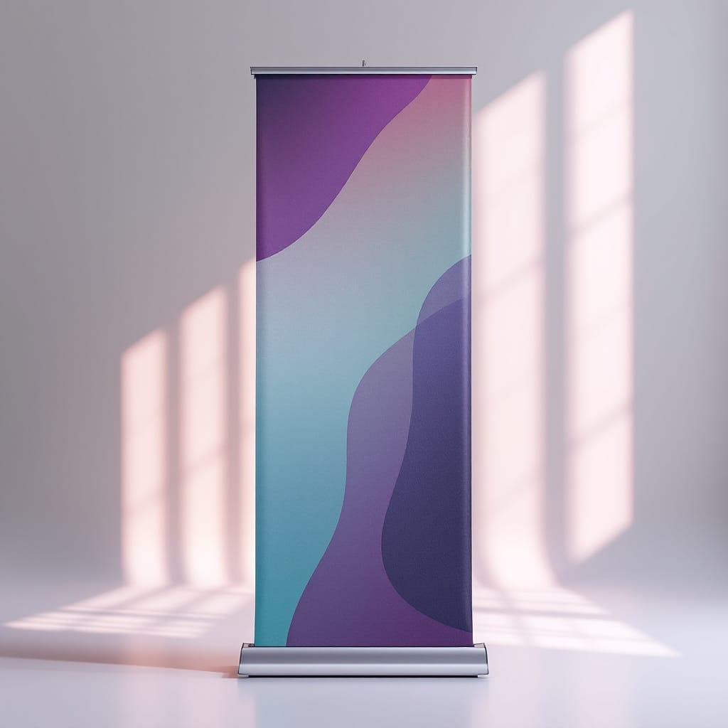 Estructura roll up con banner de degradado morado y turquesa