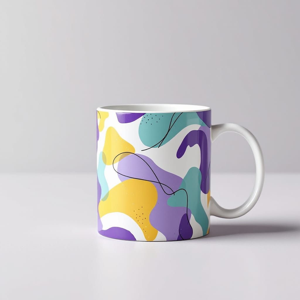 Taza de cerámica blanca con estampado abstracto sublimado