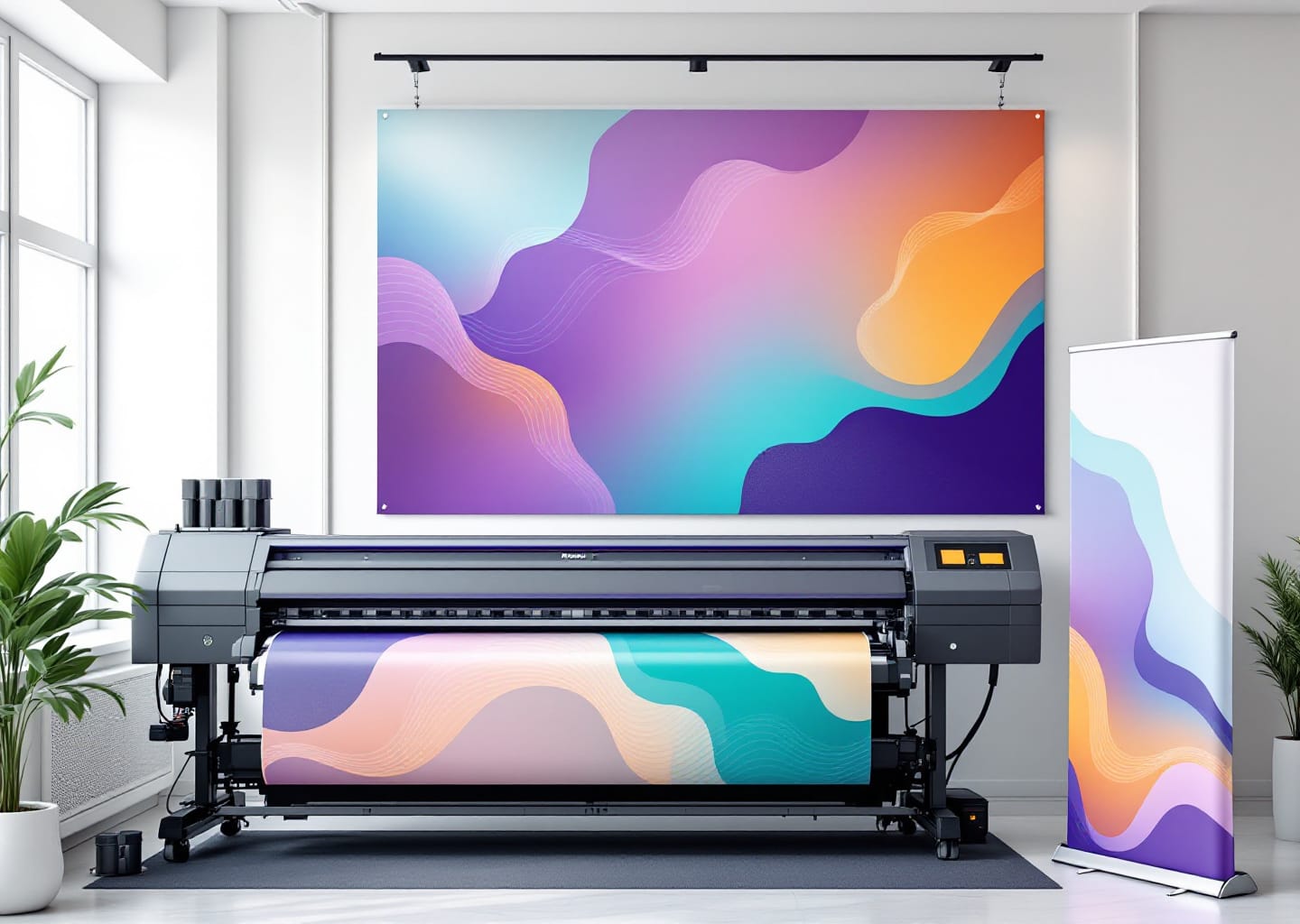 Banner impreso en gran formato y estructura roll up exhibidos en un local comercial