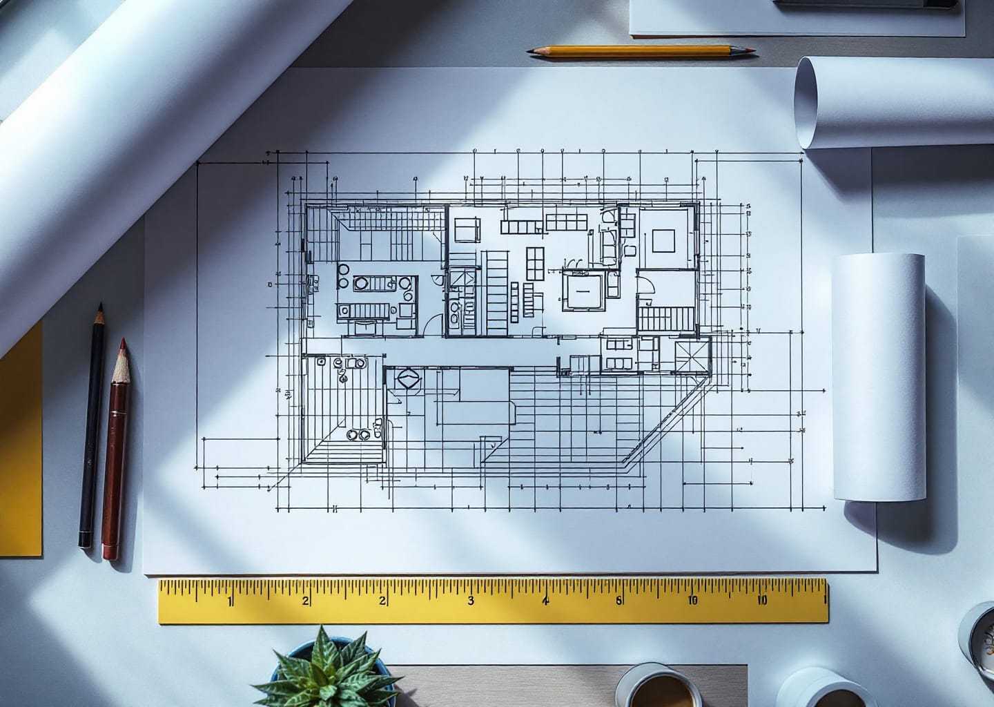 Planos arquitectónicos impresos en gran formato extendidos sobre una mesa de trabajo de arquitecto
