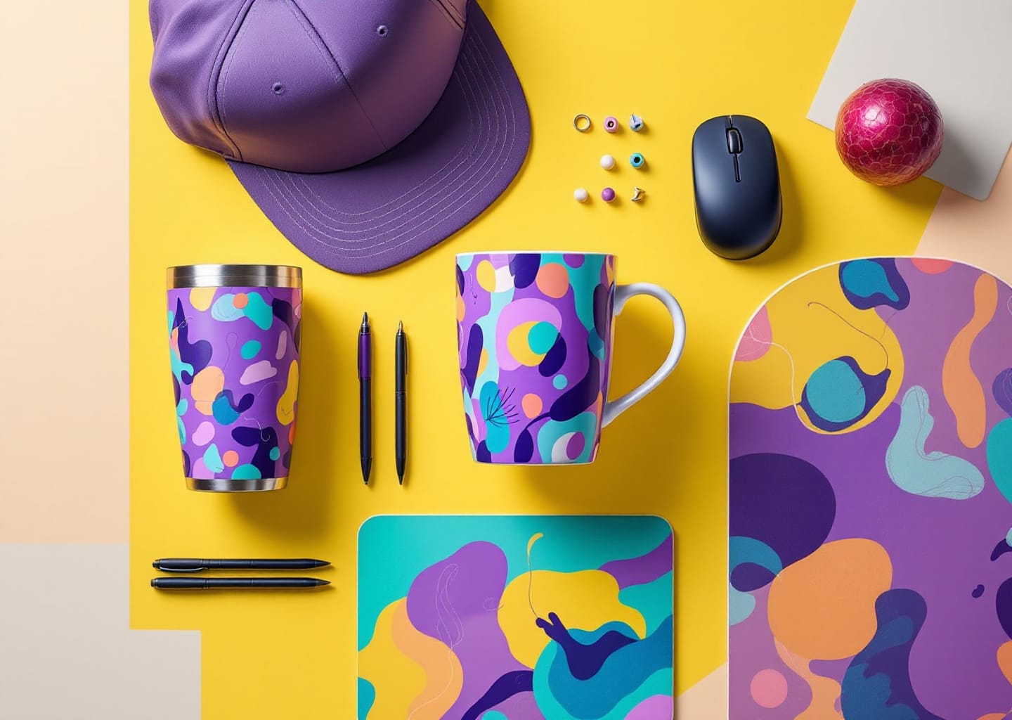 Tazas y termos sublimados con logo a todo color junto a gorras y mousepads personalizados